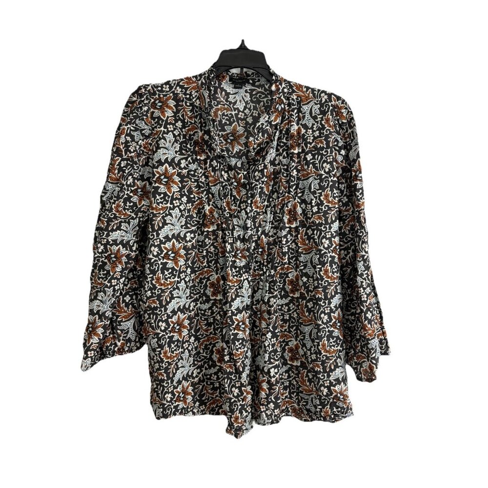 Ann Taylor Womens Shirt Adult Size Large Brown Floral Long Sleeve Button up